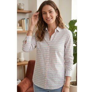 J. McLaughlin | Pink & Blue Swiss Dot Stripe Long Sleeve Button Down Size Medium